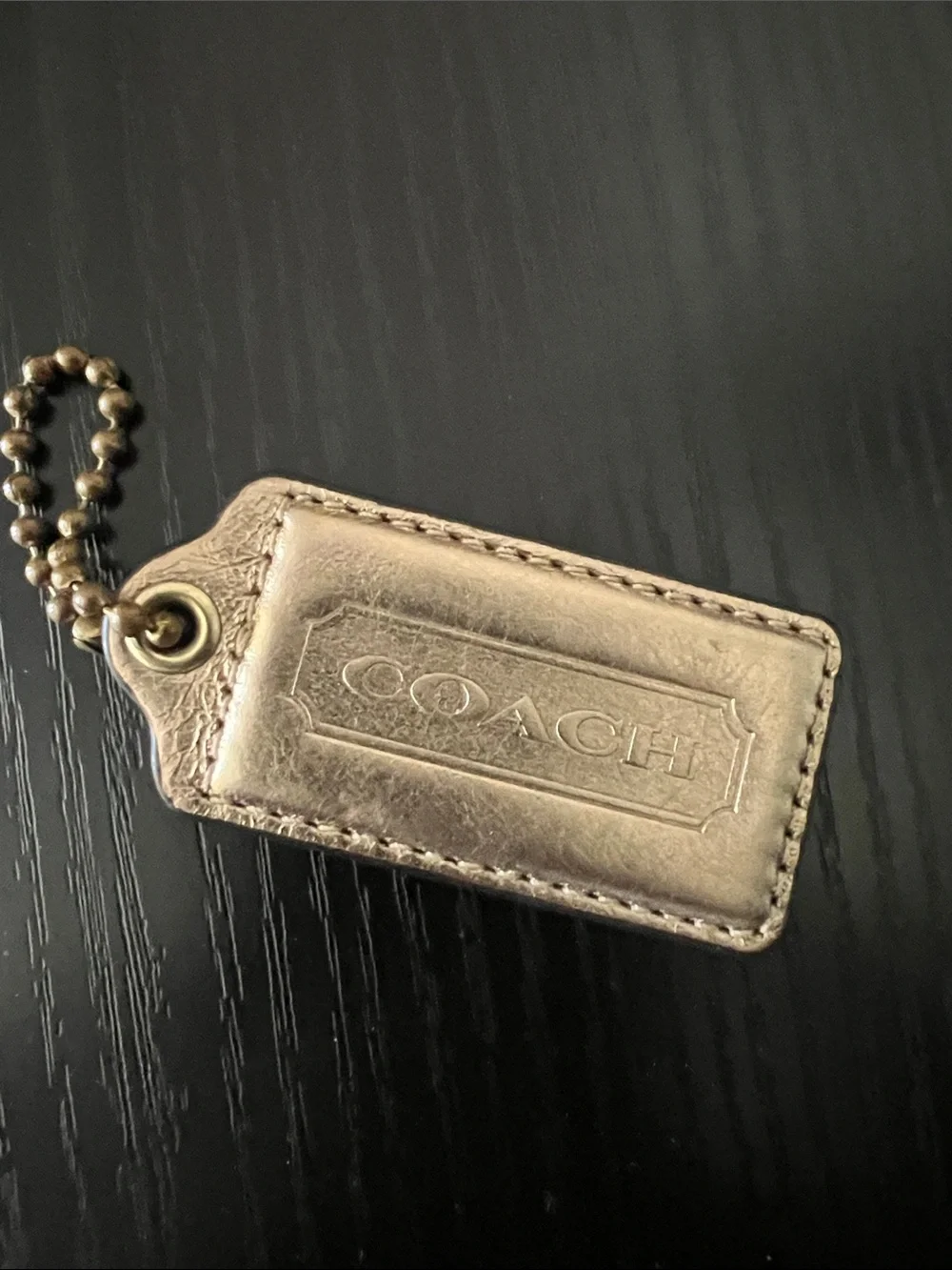Coach Gold Leather Tag Keychain with Ball Chain